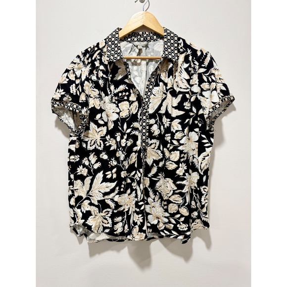 Hester & Orchard Tops - Hester & Orchard Linen Blend Floral Button Up Shirt Black Tan XL Short Sleeve